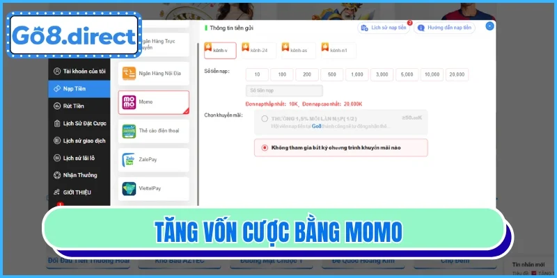Tăng vốn cược bằng momo
